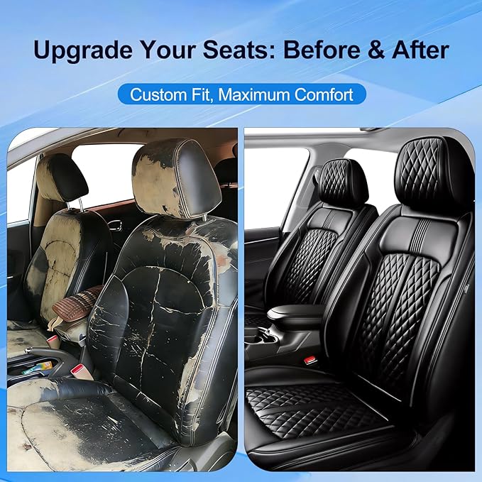 Fit Malibu Car Seat Covers for Select Chevrolet/Chevy Malibu 2009-2025 - Full Coverage Leather, Airbag Compatible, Waterproof & All Weather Seat Cushion Protector, Full Set, Black