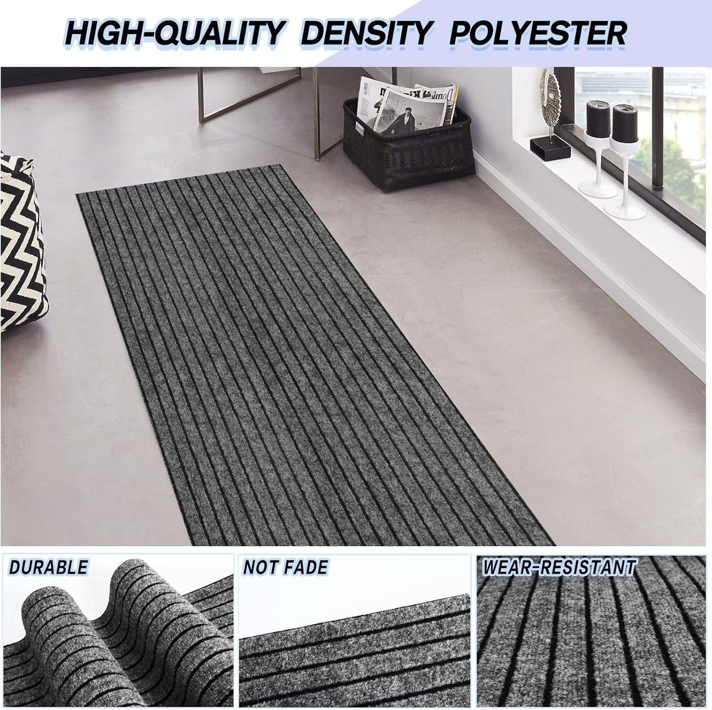 Custom Size Backed Non-Slip Area Rugs Runner, Easy Clean, Waterproof Runner Rugs for Hallway Entryway, Kitchen, Laundry, 3FT x 61FT, Gray Stripe