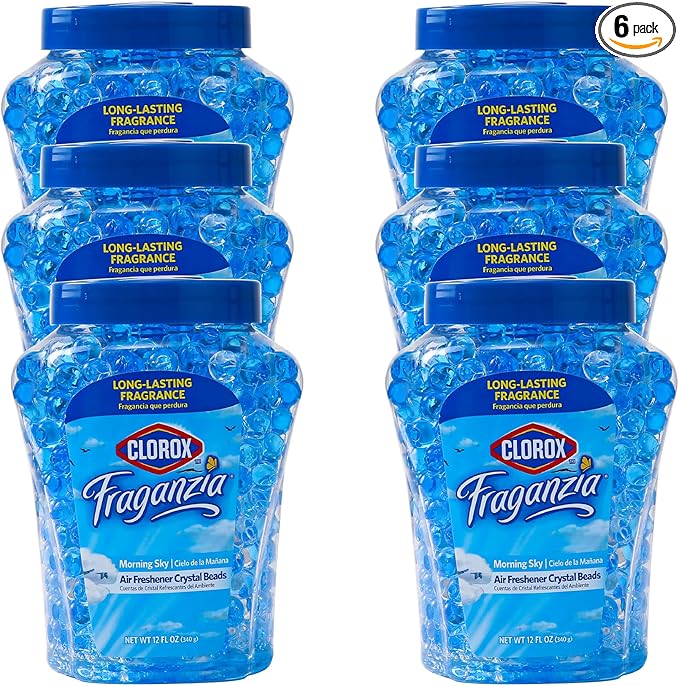 Clorox Fraganzia Crystal Beads Air Freshener, Long Lasting Room Deodorizer and Odor Eliminator Gel Beads to Freshen Home, Car, or Office, Morning Sky Scent, 12 Fl Oz - 6 Pack