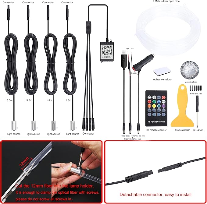 Car Ambient Lighting Optic Fiber 64 Colors Music Sound Active with RF Remote Control + APP Control Car Decorative Atmosphere Lighting Kit DC 12V 1W 4m