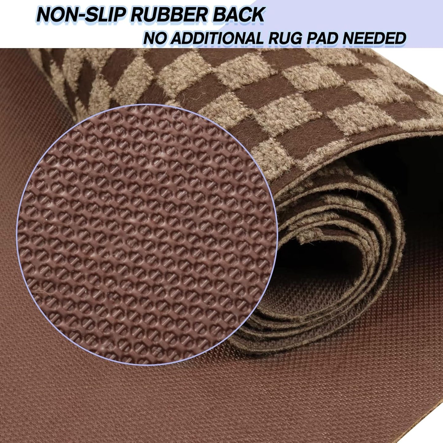 Custom Size Backed Non-Slip Area Rugs Runner, Easy Clean, Waterproof Runner Rugs for Hallway Entryway, Kitchen, Laundry, 2FT x 3FT, Brown Checkered