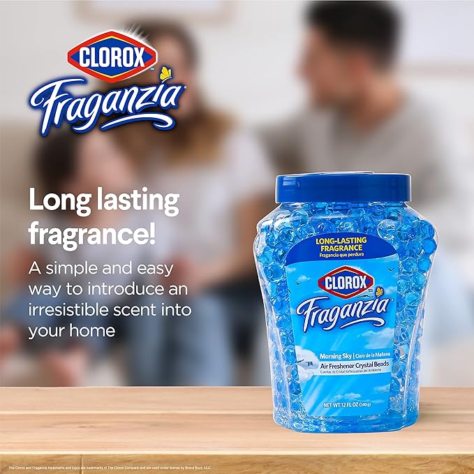 Clorox Fraganzia Crystal Beads Air Freshener Twin Pack, Long Lasting Room Deodorizer and Odor Eliminator Gel Beads for Home, Car, or Office, Morning Sky Scent, 24 Fl Oz