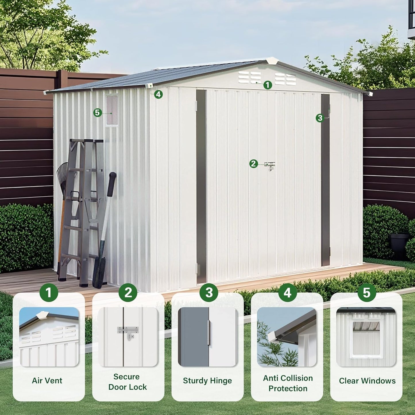 8 x 6 FT Outdoor Storage Shed, Metal Garden Tool Shed with Slooping Roof, Lockable Doors and Aluminum Frames, Easy to Assemble for Garden, Patio, Lawn, White+Black