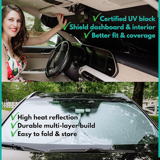 Windshield Sun Shade -Certified 99.87% UVB & 99.02% UVA Car Sun Shade. Award Winning Sunshade - Patented Technology | Compatible for Toyota Tundra (2007-2021) | Car Shades by Kinder Fluff