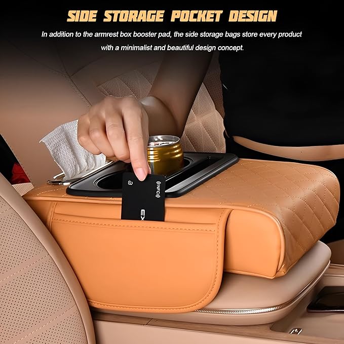 Zpana Car Center Console Armrest Pillow, Memory Foam Leather 4 in 1 Vehicle Arm Rest Cover with Tissue Box 2 Side Storage Bag Cup & Phone Holder, Auto Armrest Cushion, Universal Fit (Gray)