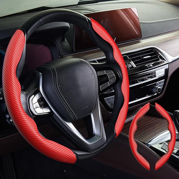 WOCOCN 2pcs Car Steering Wheel Cover,Anti-Skid Carbon Fiber Steering Wheel Protector for Men Women,Multiple Color Options,Universal for Most Car Interiors Accessories (Red)