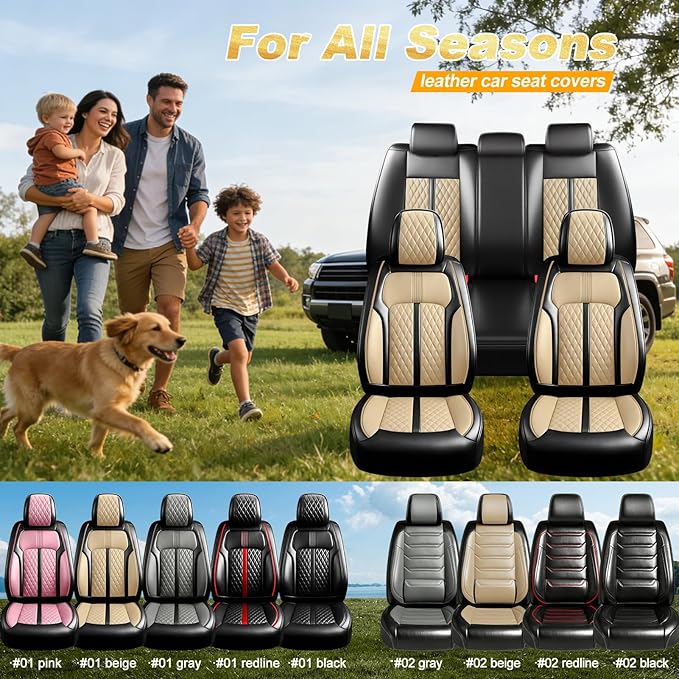 Fit Malibu Car Seat Covers for Chevrolet/Chevy Malibu 2009-2025, Full Coverage Leather, Airbag Compatible, Waterproof All Weather Breathable Seat Cushion Protector, Full Set, Black+Beige