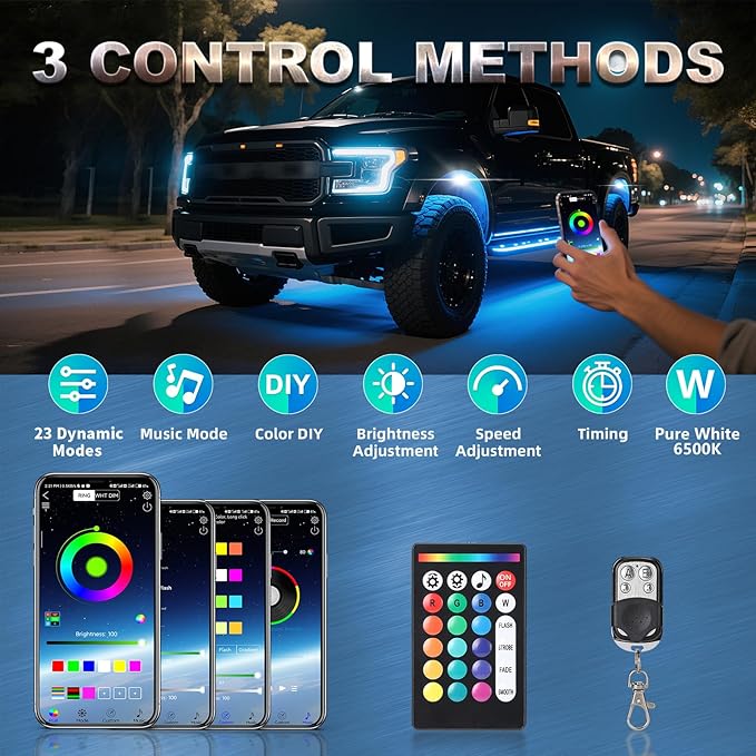 12 Pods RGBW LED Rock Lights Full Kit, 6500K Pure White (Not Mixed) & RGB Underglow for Truck Jeeps Golf Cart ATV UTV RZR Pickup, App/RF Remote Smart Brake Music Sync, Waterproof Offroad Underbody 12V