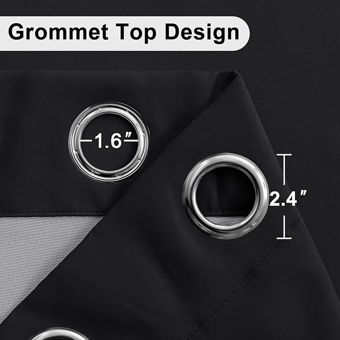 XWZO Complete Blackout Shades Window Curtain Panels with Tiebacks- Noise Reduction and Light Blocking Grommet Curtains with Black Liner for Studio, Basement Room, Black, W42 x L72, Set of 2