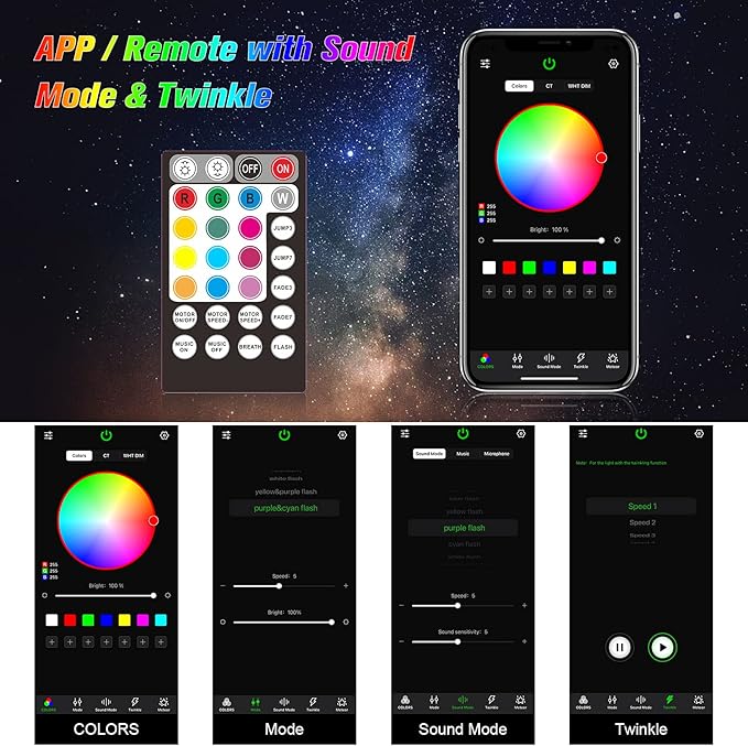 CHINLY 32w Twinkle 1000pcs 0.03in 16.4ft Bluetooth RGBW LED Fiber Optic Star Ceiling Light, APP/Remote Music Mode Headliner Light Kit+Adapter+Cigarette Lighter+10 Crystals, for Headliner/Home Theater