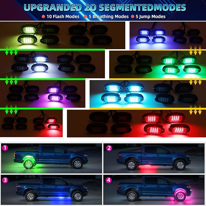 4 Pods Segmented RGB LED Rock Lights for ATV Golf Cart RZR SXS UTV Truck Pickup, Waterproof Multicolor Underglow Kit with APP/RF Remote Multi Zone Control Sync Music Mode Neon Underbody Lights 12V