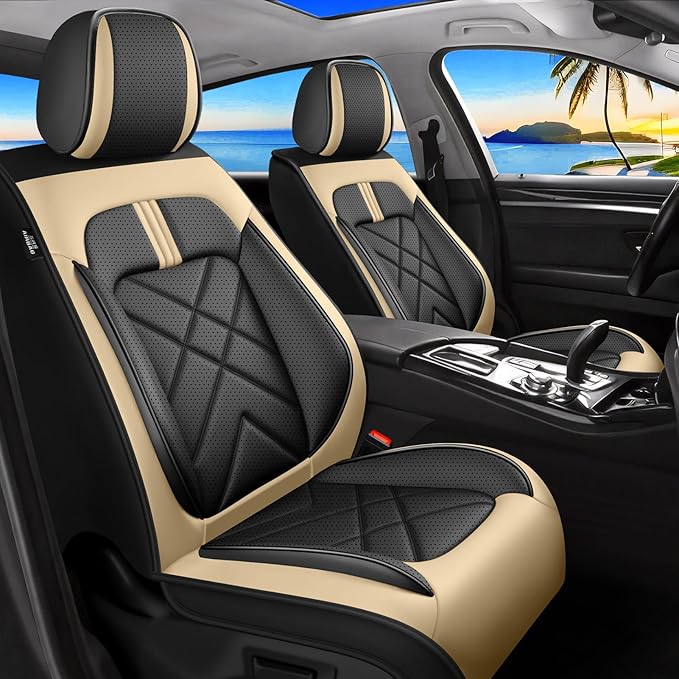 CX-70 Car Seat Covers Fit for Mazda CX-70 2025-2026, Full Coverage Premium Leather Waterproof Breathable Seat Covers, Automotive Seat Protectors, Airbag Compatible(2 Front Seats, Black Beige)