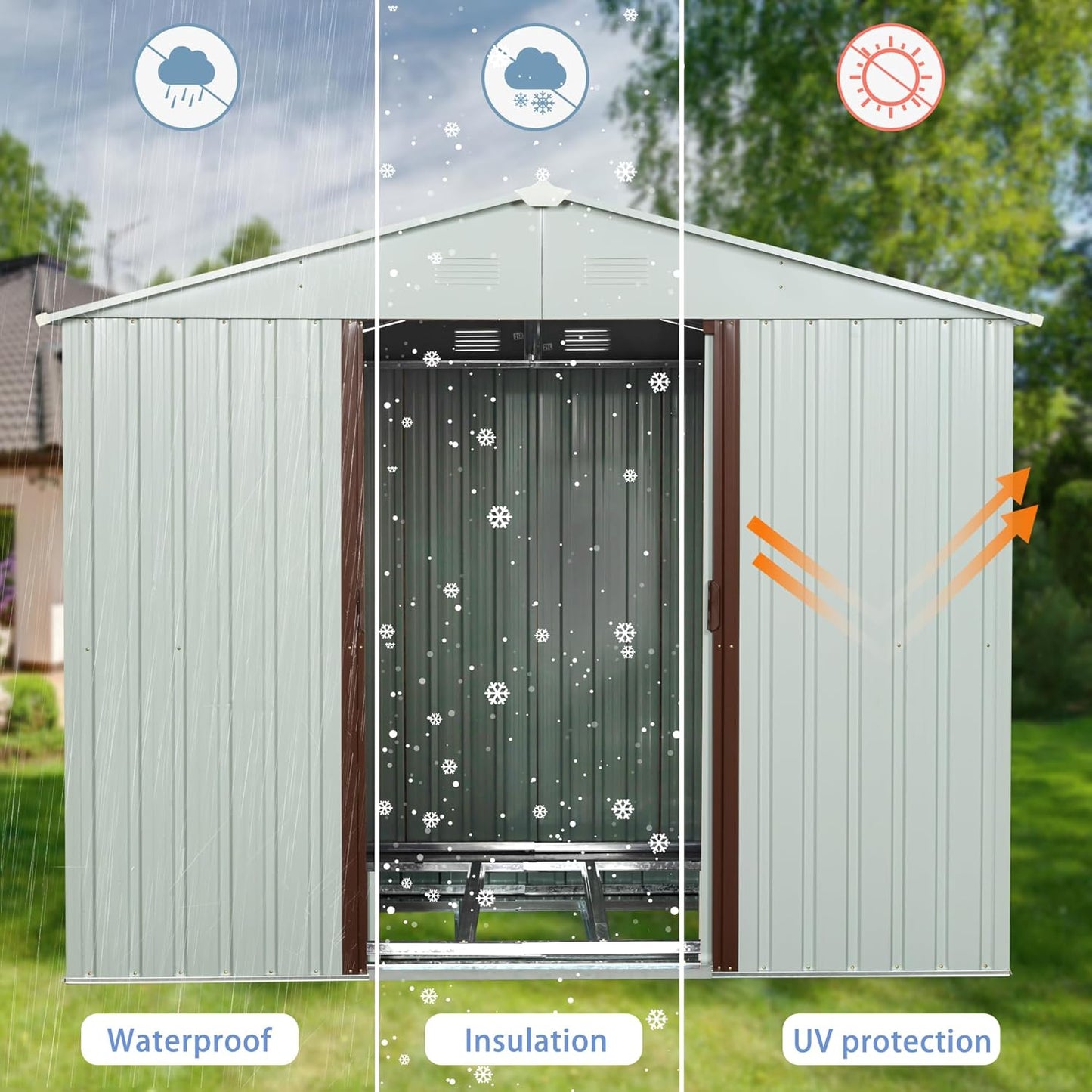8 x 4 FT Outdoor Storage Shed with Side Window, Metal Garden Shed w/Sliding Doors & Lock, Floor Base and Air Vents, Utility Tool Storage House for Backyard Lawn, White