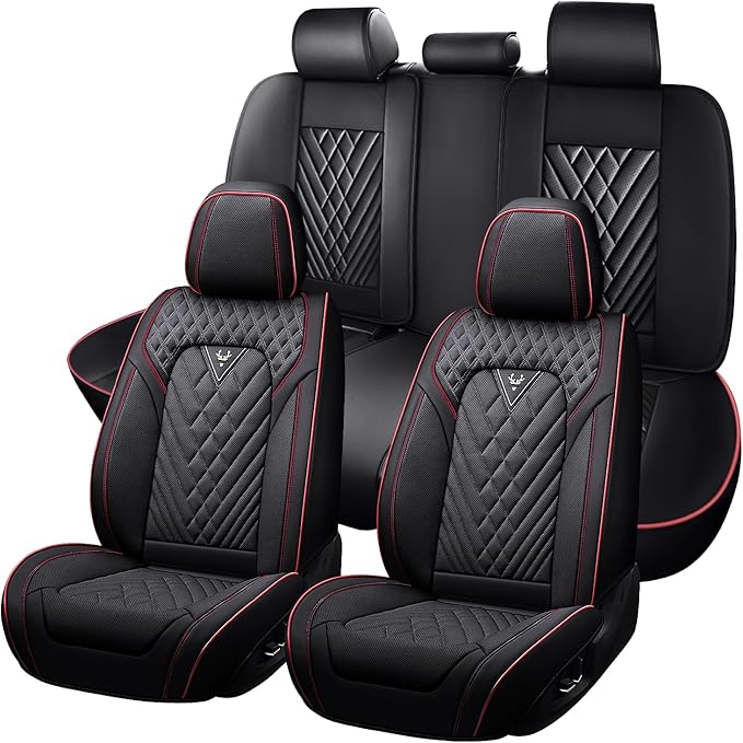 Truck Seat Covers for Ram 3500 2009-2026, Waterproof Premium Leather Full Coverage Car Seat Cover, Muscle Sport Style Auto Interior Seat Cover Sets (Full Set/Black Red)