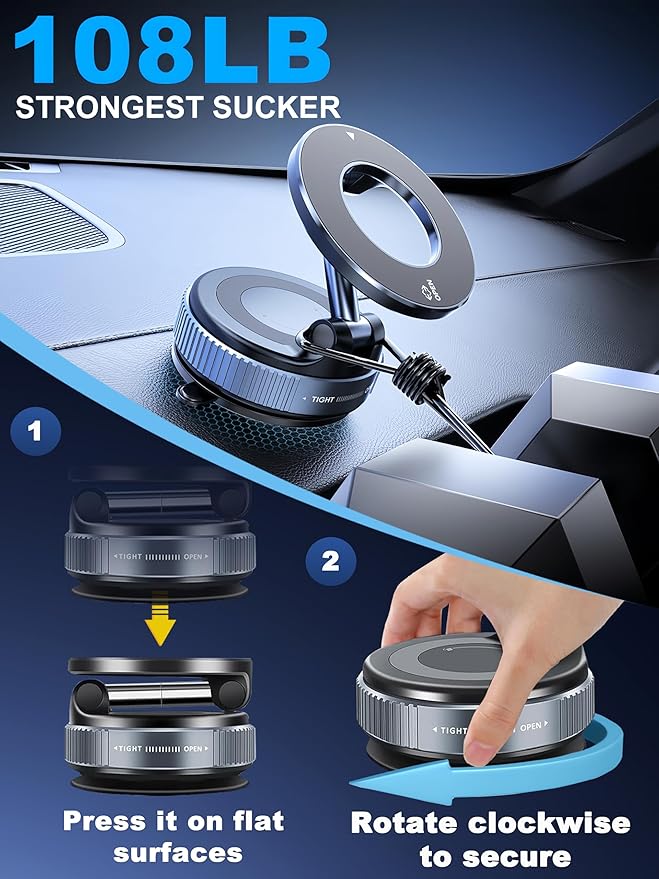 snanlen Upgraded 360° Nano Gel Vacuum Magnetic Phone Holder, 108+LBS Heavy Duty Suction Cup Phone Mount for Car Dashboard & Windshield, 3000gf MagSafe Compatible with iPhone 17/16 Pro Max