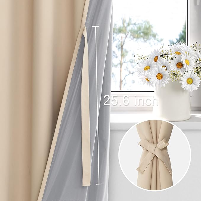XWZO 100% Blackout Curtains 2 Panels Set - Thermal Insulated Black Liner Curtains, Noise Reducing and Heat Blocking Drapes for Bedroom and Studio Windows with Tiebacks, Biscotti Beige, W70 x L63
