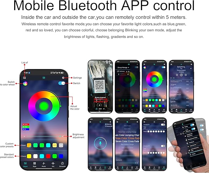Car Ambient Lighting 64 Colors Multicoloured Music Optic Fiber APP Control Car DIY Decorative Atmosphere Lighting Kit DC 12V 1W 5m