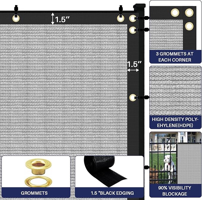 Windscreen4less Privacy Fence Screen Heavy Duty Windscreen Fencing Mesh Fabric Shade Net Cover with Brass Grommtes for Outdoor Wall Garden Yard Pool Deck, 8'x81' Light Gray