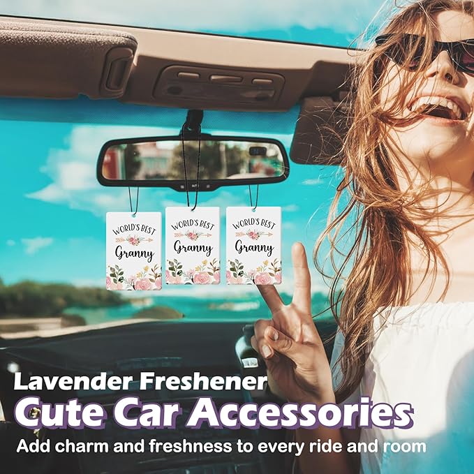 Granny Grandma Gifts Car Air Freshener Accessories 3pcs,World's Best Gifts for Granmda Christmas, Pink Flower Rustic Hanging Scent Lavender Fragrance Card for Women Closet Bathroom Home Decor