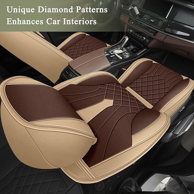 Breathable Car Seat Covers for Honda HRV HR-V 2026 2025 2024 2023 2022 2021 2020 2019 2018 2017 2016, Perforated Leather Full Set 5 Seats, for Honda HRV HR-V Accessories (Beige&Brown)