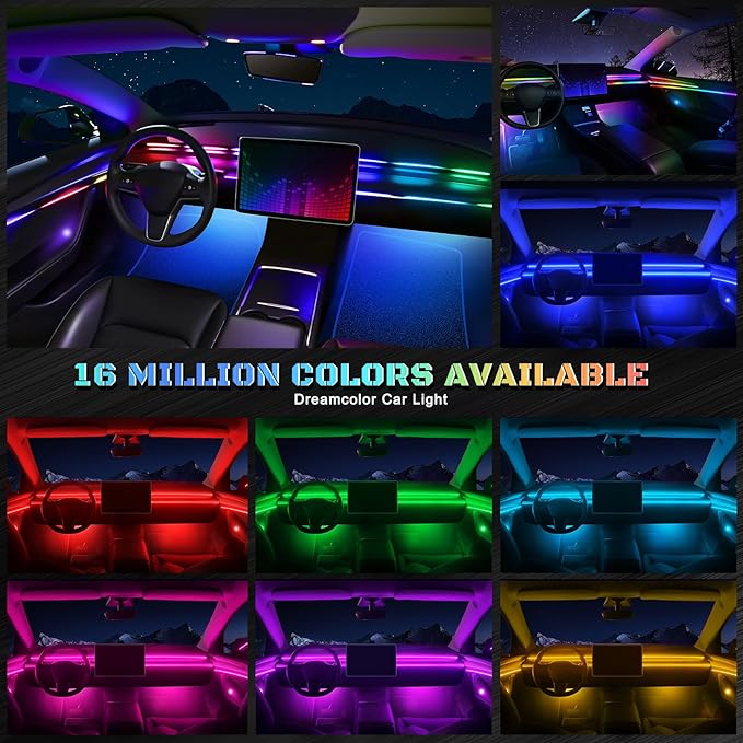 Dreamcolor Acrylic Interior Car LED Strip Light with Wireless APP, RGB 14 in 1 with 175 inches 612 LEDs Fiber Optic Strip Lights for Car, Dual Zone Symphony Neon Car Ambient Lighting