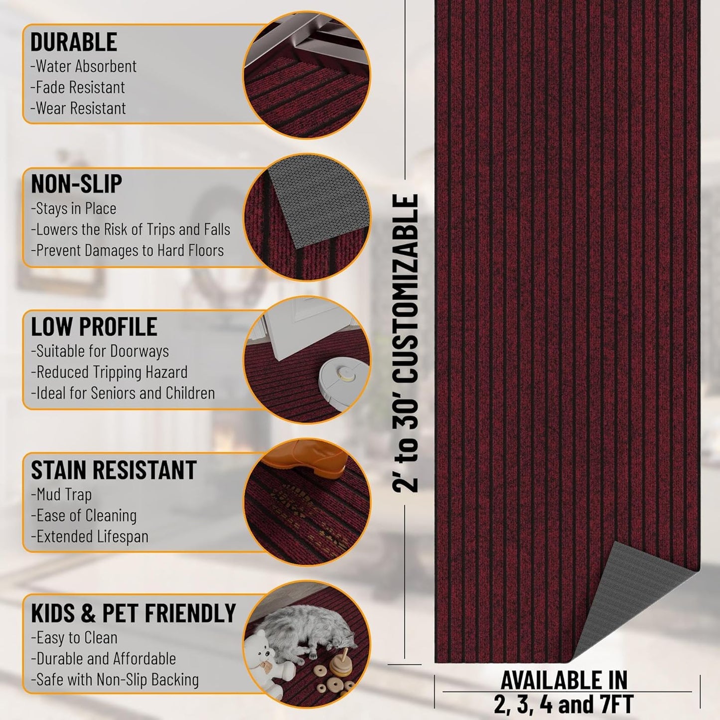 Ottomanson 2' x 12' Hallway Runner with Scraper Pile - Extra Durable Non-Slip Rug Mat for Indoor & Outdoor Use - Ideal for Kitchen, Entryway, Patio & Garage - High-Traffic Carpet, Red