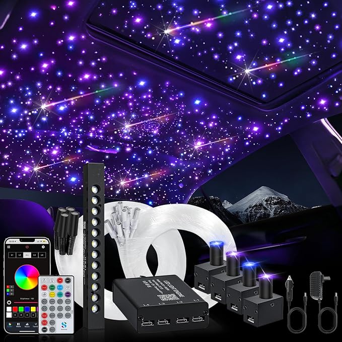 Split Car Starlight Headliner Kit, 4 Colors 12W Meteor Fiber Optic Starlight Kit, 1200pcs*0.02in*9.8ft+240 RGBW Sound Activate Shooting Star Lights for Ceiling Car Roof/Home Decor
