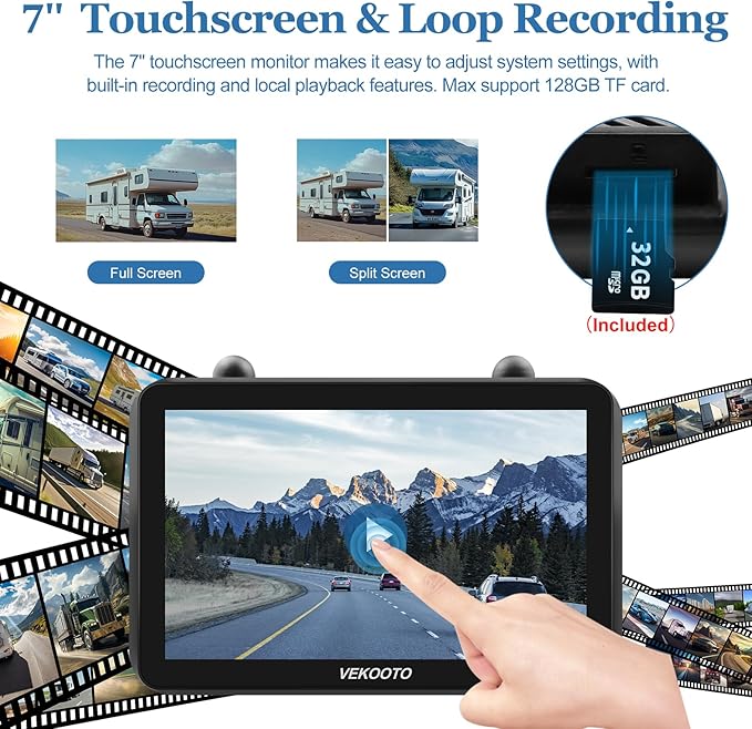 VEKOOTO VK7 2 Magnetic Solar Wireless Backup Camera with 7'' IPS Touchscreen, 15,000mAh Rechargeable, No Wiring, HD1080P Night Vision Wireless Backup Camera for Trucks, RV, Trailer, Camper