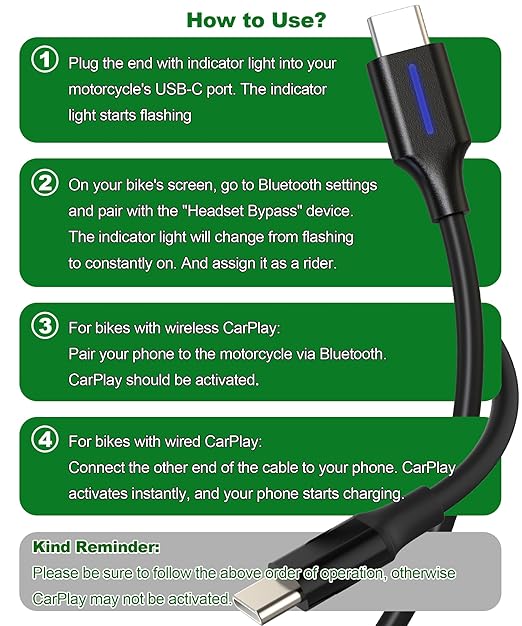 2-in-1 CarPlay Jumper Cable for Motorcycle, CarPlay Bluetooth Headset Bypass Adapter, Enable Mirroring on Harley/Indian/Goldwing Without Headset, USB-C to USB-C Support Charging,Black