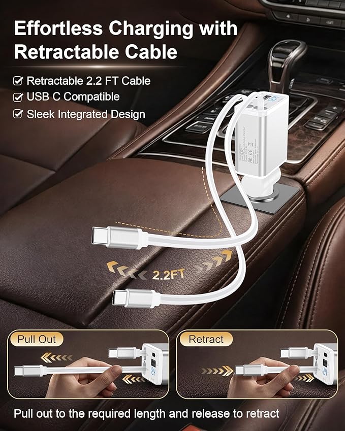 Retractable Car Phone Charger USB C, 4 in 1 Fast Car Charging Adapter with 2 Flexible USB C Cable for iPhone 17e 17 Samsung S26 Android, USBC Cigarette Lighter Gift for Men Android Auto Adapter
