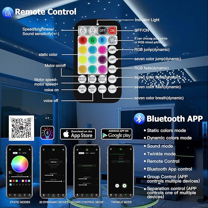 AMKI Updated 16W RGBW Fiber Optic Light Twinkle+Sound Activated Mixed 430pcs 9.8ft Cables APP Remote Music Control Car Home Starlight Headliner Star Ceiling Light Kit 0.03in 0.04in 0.06in Strands