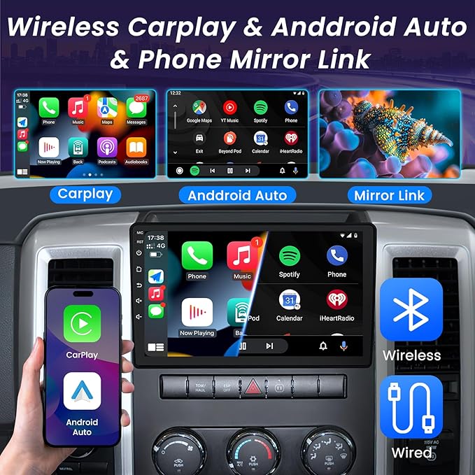 4Core+64G ROM Car Radio for Dodge RAM 1500 2500 3500 2009-2012: 10.1 Inch 1280 * 800 IPS Touchscreen Upgrade Wireless Carplay Android Auto FM Bluetooth GPS 1080P Backup Camera 5G WiFi