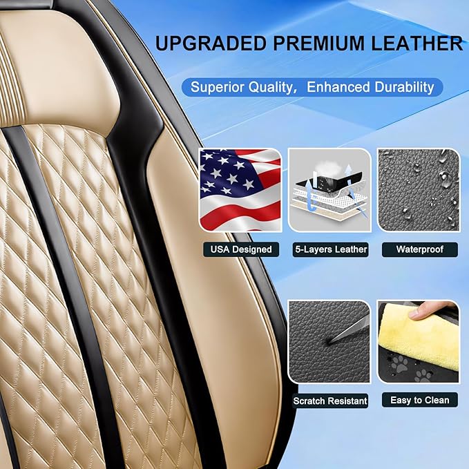 Fit CX-3 Car Seat Covers for Select Mazda CX3 2016-2024, Premium Full Coverage Leather, Airbag Compatible, Waterproof All Weather Seat Protector, Front Pair Black+Beige