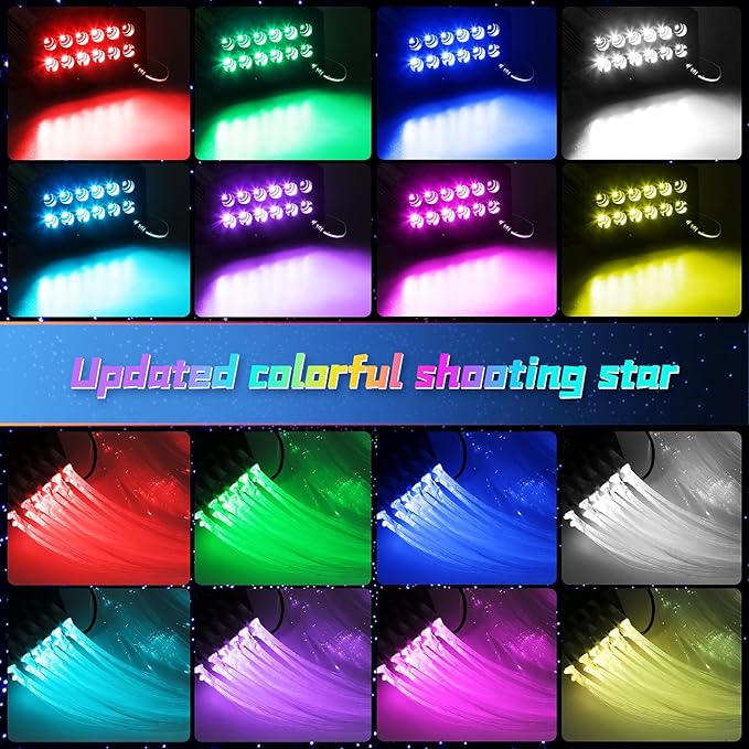 Car Starlight Headliner Kit, 4 Colors 32W Twinkle & Meteor Fiber Optic Shooting Stars Lights, 2 in 1 Light Engine 700pcs*0.03in*13.1ft+240 RGBW 4 Port Ceiling Starlights for Car Home Roof Décor