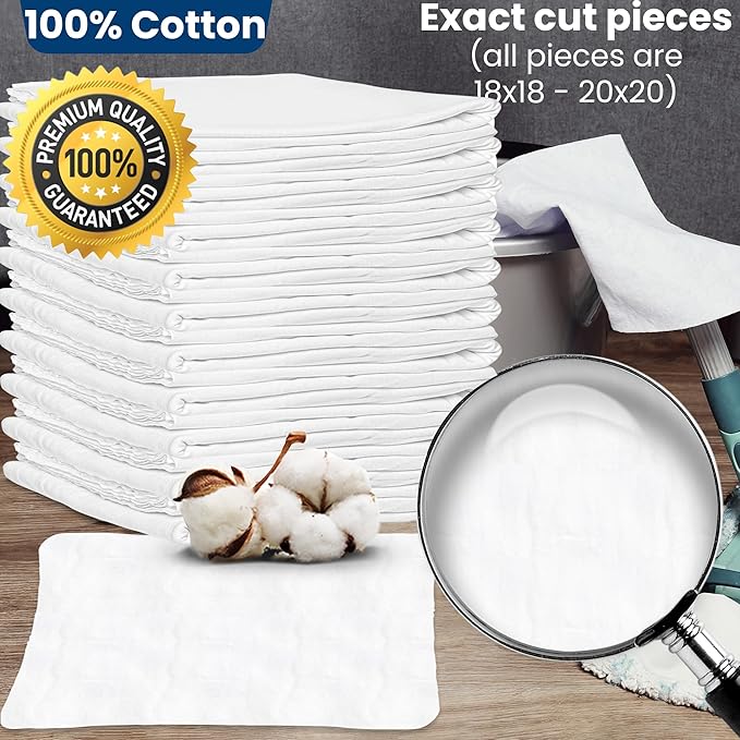 Nabob Wipers New Lint Free Cloth (225 Pack) - 100% Cotton Cleaning Rags Exact Cut - Premium White Rags for Cleaning House - White Rags for Dusting, Staining, Polishing, Painting 18"x18"