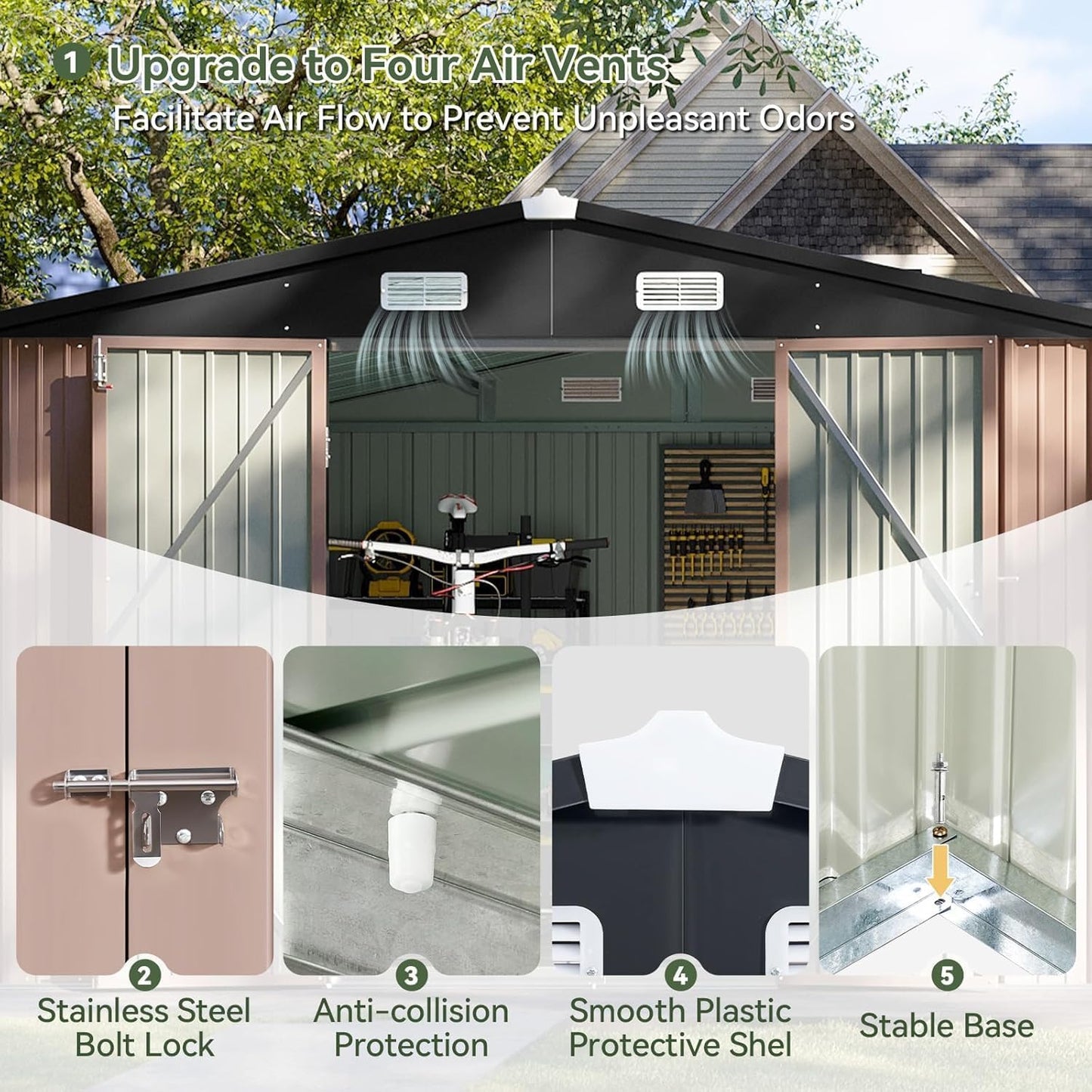 Aoxun 10x10 FT Shed Outdoor Storage Shed with Base, Large Shed Steel Utility Tool Shed Storage House with Door & Lock, Metal Sheds with Sloped Roof for Garden Patio Lawn Poolside, Brown