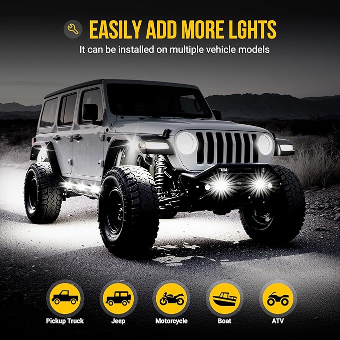 Hovano 20 Pods COB White Rock Lights, 120 COB Chips 6500K Pure White Super Bright Neon Underglow, IP68 Waterproof Shockproof Off-Road Light Kit for Pickup Trucks, SUV, UTV, ATV, RZR, Cars & Boats