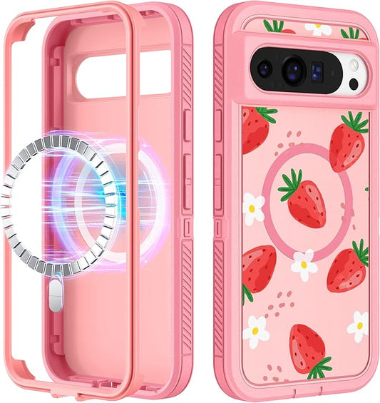 for Google Pixel 9 Pro XL Case - Compatible with MagSafe Women Cute Girls Magnetic Protective Cover Strawberry Girly Kawaii Design Heavy Duty Shockproof Phone Case for Pixel 9 Pro XL 6.8"