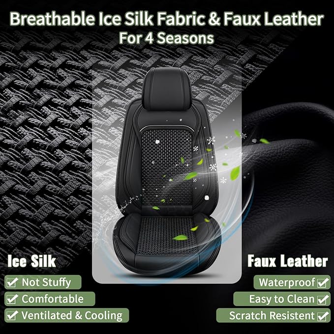 Car Seat Covers Full Set for Nissan Rogue 2010-2023 2025 2026 - Cooling Ice Silk Leather Seat Cover Automotive Accessories - Ventilated Vehicle Seat Cushion Protector(Black)
