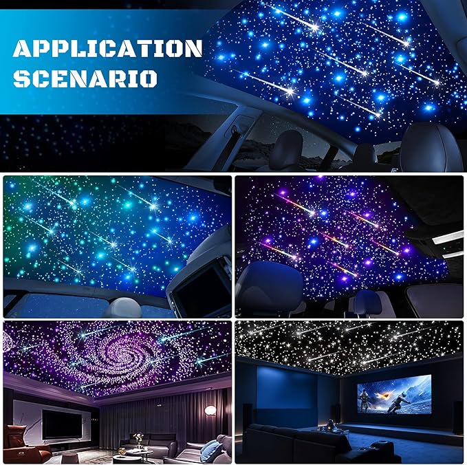 4 Colors 32W Twinkle & Meteor Car Starlight Headliner Kit, 2-in-1 Light Engine 860pcs*0.03in*13.1ft+240 RGBW Fiber Optic Cable Shooting Car Star Roof Lights, Ceiling Star Lights for Car Home Theater