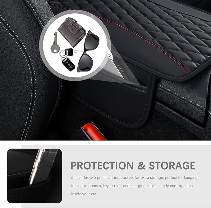 IHOTDER Patchwork Leather Center Console Covers for Cars,Upgraded Arm Rest Cover for Car with Side Storage Pocket for Car Seat Organizer,Middle Console Cover Stylish Car Decoration (Red)