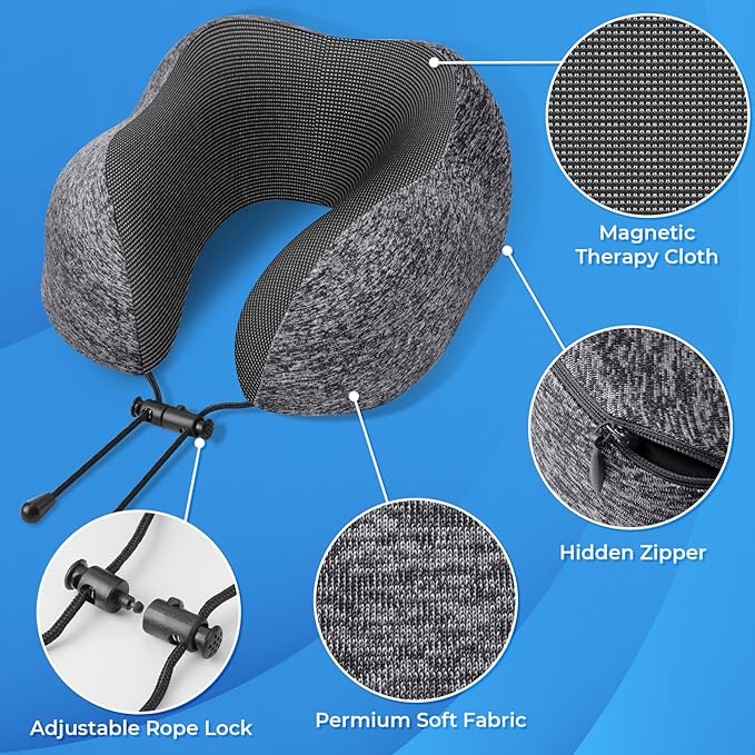 Travel Pillow, 2 Pack Travel Pillows for Sleeping Airplane, Neck Pillow Airplane, Memory Foam Neck Pillow Set with Eye Mask, Earplugs and Storage Bag -Grey & Blue
