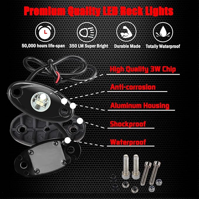 Ampper 4 Pods LED Rock Lights, LED Neon Underglow Waterproof Light for Car Truck ATV UTV SUV Offroad Boat Underbody Glow Trail Rig Lamp (White)