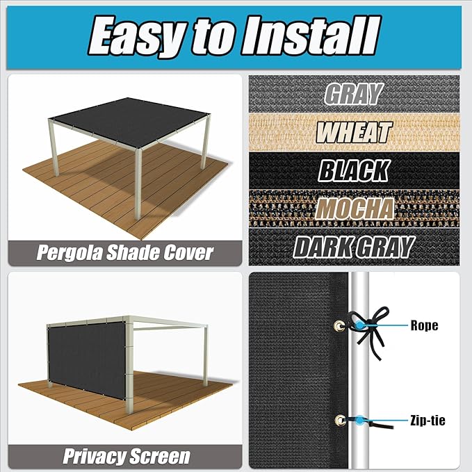 Amagenix 90% Pergola Shade Cover 8'X 19' Dark Gray Sun Shade Cloth with Grommets for Outdoor Garden Patio Porch-Commercial Grade 200 GSM-Cable Zip Ties Included (We Customized)