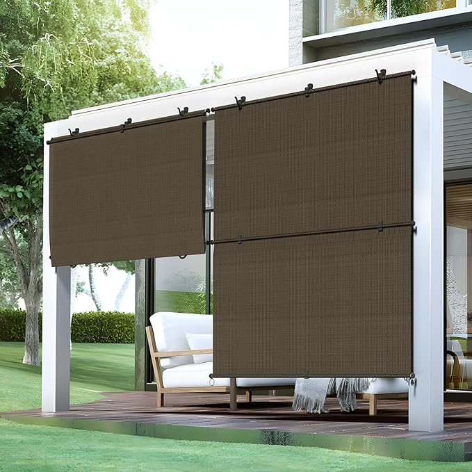 Bynbbur 4'W x 13.5'H Outdoor Patio Shades Foldable Roller Blinds, 220 GSM Sun Shade Roll Up Porch Screens Exterior Shade Cloth for Deck Pergola Backyard, Brown