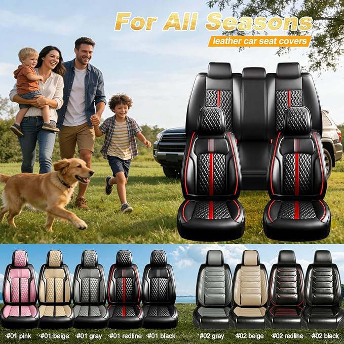 Fit Colorado Car Seat Covers for Select Chevy/Chevrolet Colorado 2015-2026 - Premium Full Coverage Leather, Waterproof & All Weather Seat Cushion Protector, Full Set, Black with Red Trim