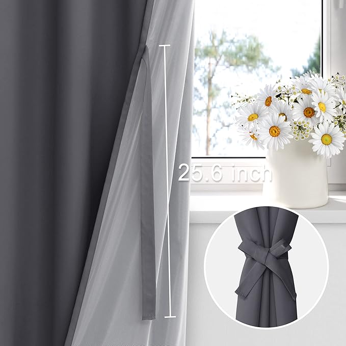 XWZO 100% Blackout Curtains 84 Inches Long - Heat and Full Light Blocking, Thermal Insulated Window Panels with Grommets for Bedroom/Nursery with Tiebacks, Dark Grey, W38 x L84, Set of 2 Draperies
