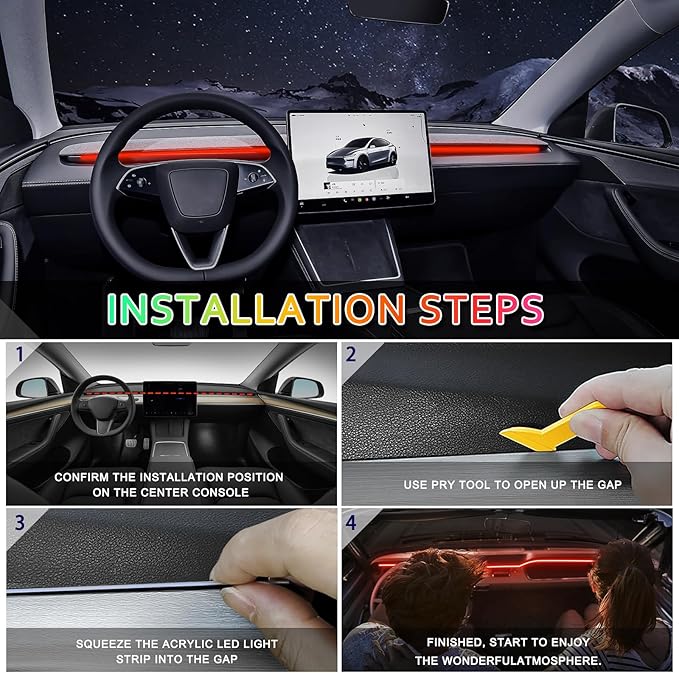 Acrylic Interior Car LED Strip Light with 6mm Sewing Edge - 43.3 inches Ambient Lighting Kits, Neon LED Strip Light(110CM/43.3IN, Amber)