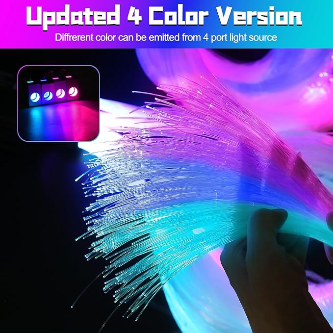 Split 4 Colors 12W Car Starlight Headliner Kit 500pcs*0.02in*9.8ft with APP&RF Remote,RGBW Fiber Optic Strands Star Roof Lights,4 Port Engine Sound Activated Star Ceiling Lights for Car/Home Decor