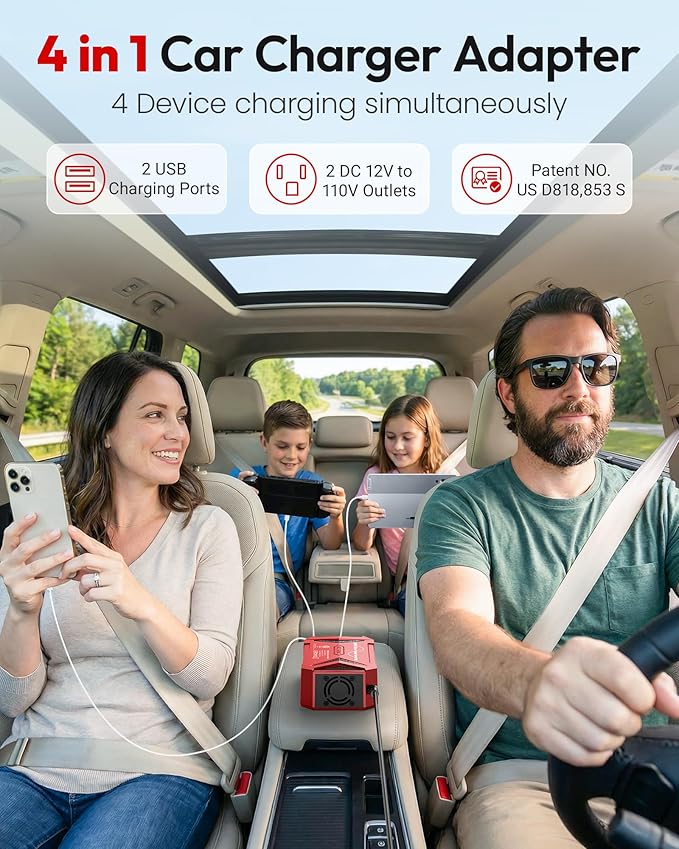 BESTEK Pure Sine Wave Power Inverter - 300W Car Plug in Charger Outlet DC 12V to 110V AC - Cigarette Lighter Adapter 4.8A Dual USB Fast Charging Ports for Laptop - Aluminum Housing - Red